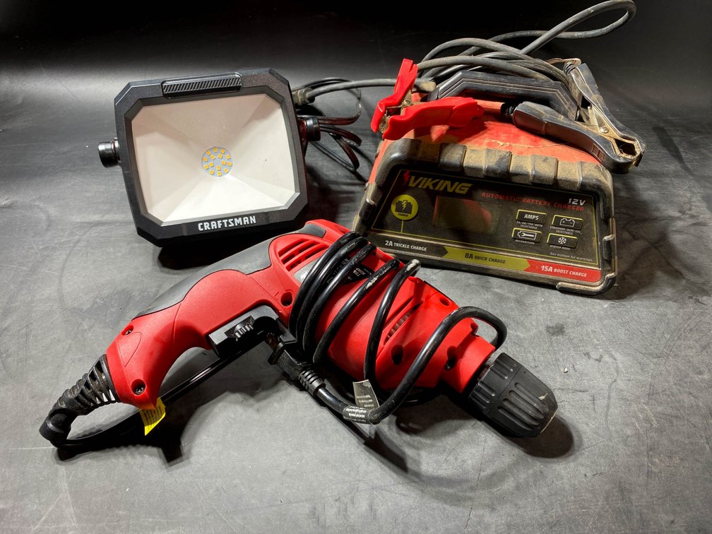 Three Tools: Viking 12V Charger, Craftsman LED Work Light, Hyper Tough Drill