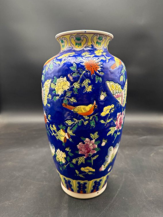 Blue Floral and Bird Motif Vase Marked ‘Made in China’, 20th Century