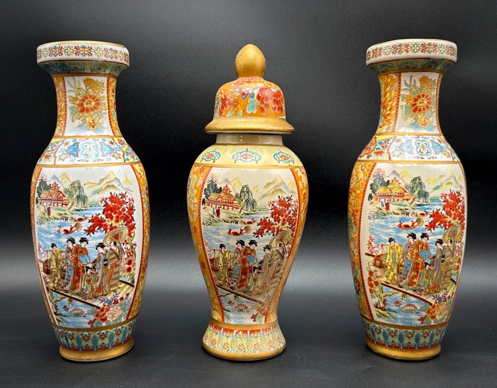 Three Hand-Painted Porcelain Vases Depicting Scenic Chinese Motifs