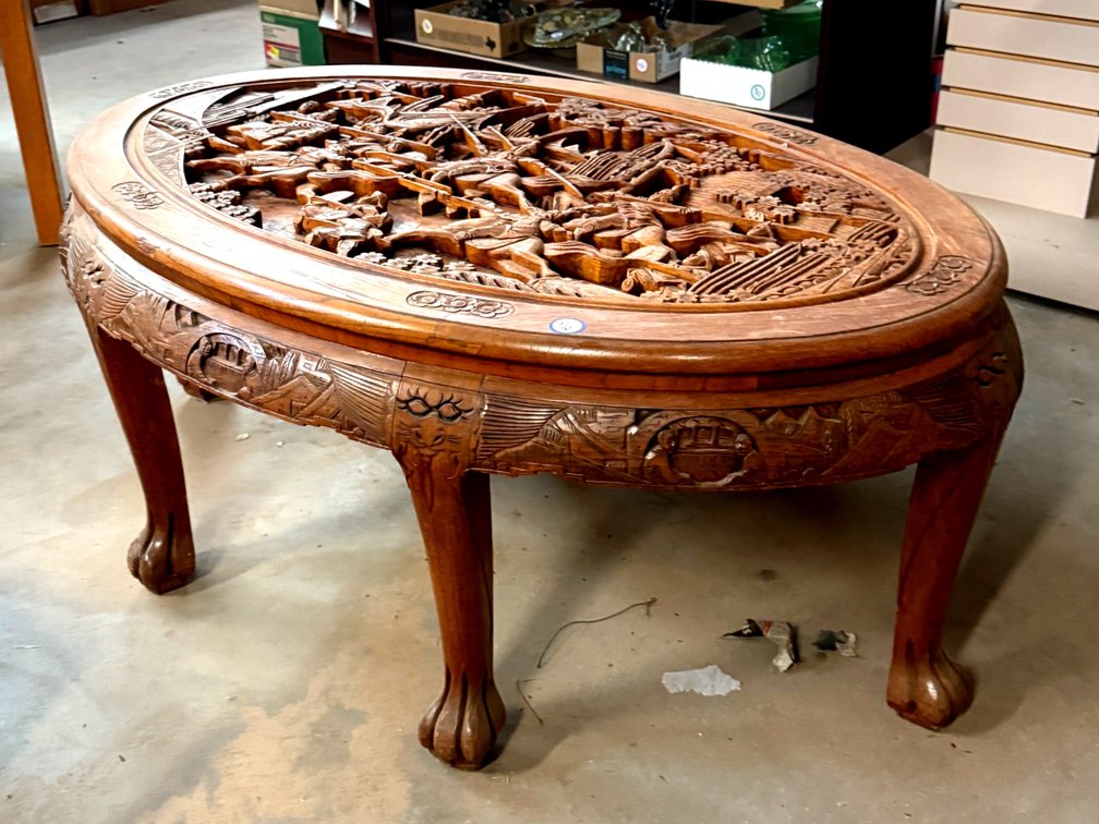Hand-Carved Wooden Oval Coffee Table with Intricate Design