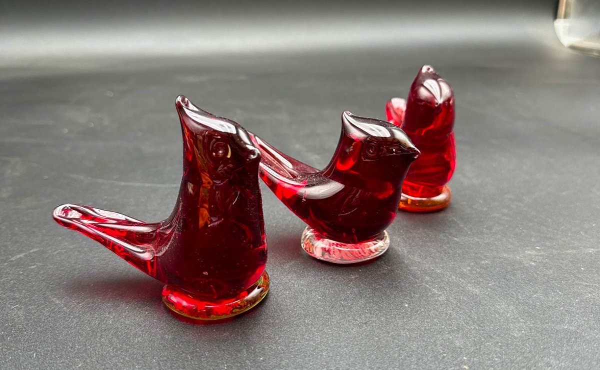 Three Fenton Ruby Red Glass Bird Figurines