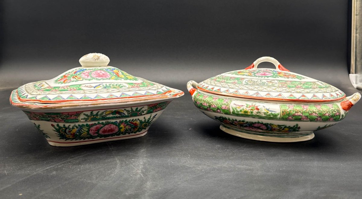 Porcelain Covered Serving Dishes with Floral Decorations
