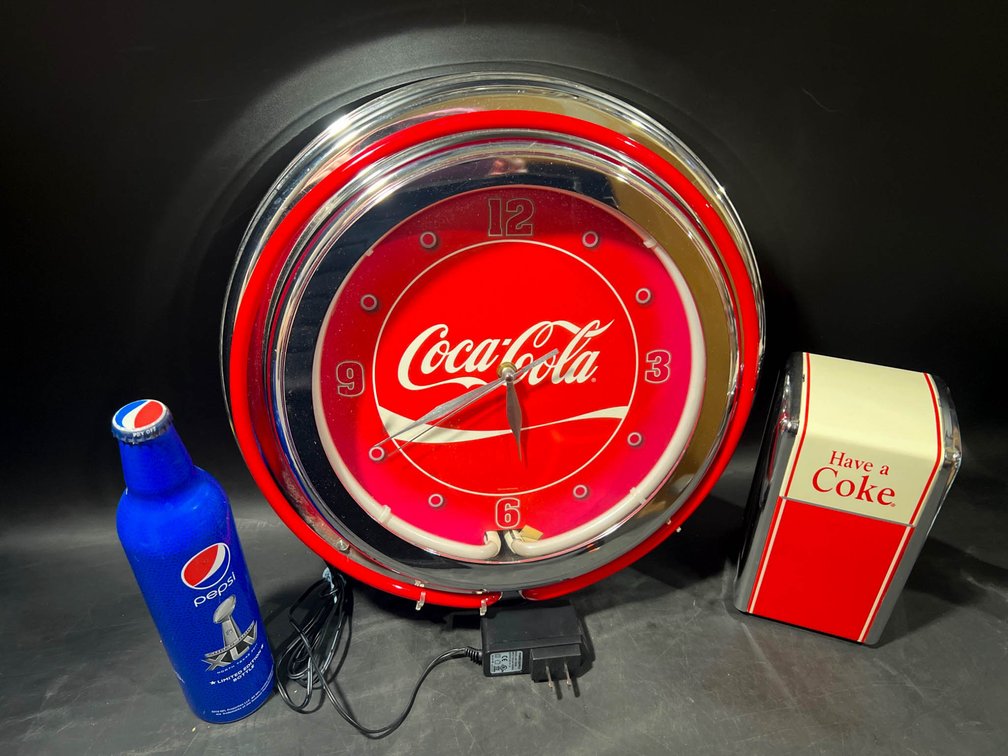Coca-Cola Clock, Napkin Holder, and Pepsi Super Bowl XLV Bottle Set