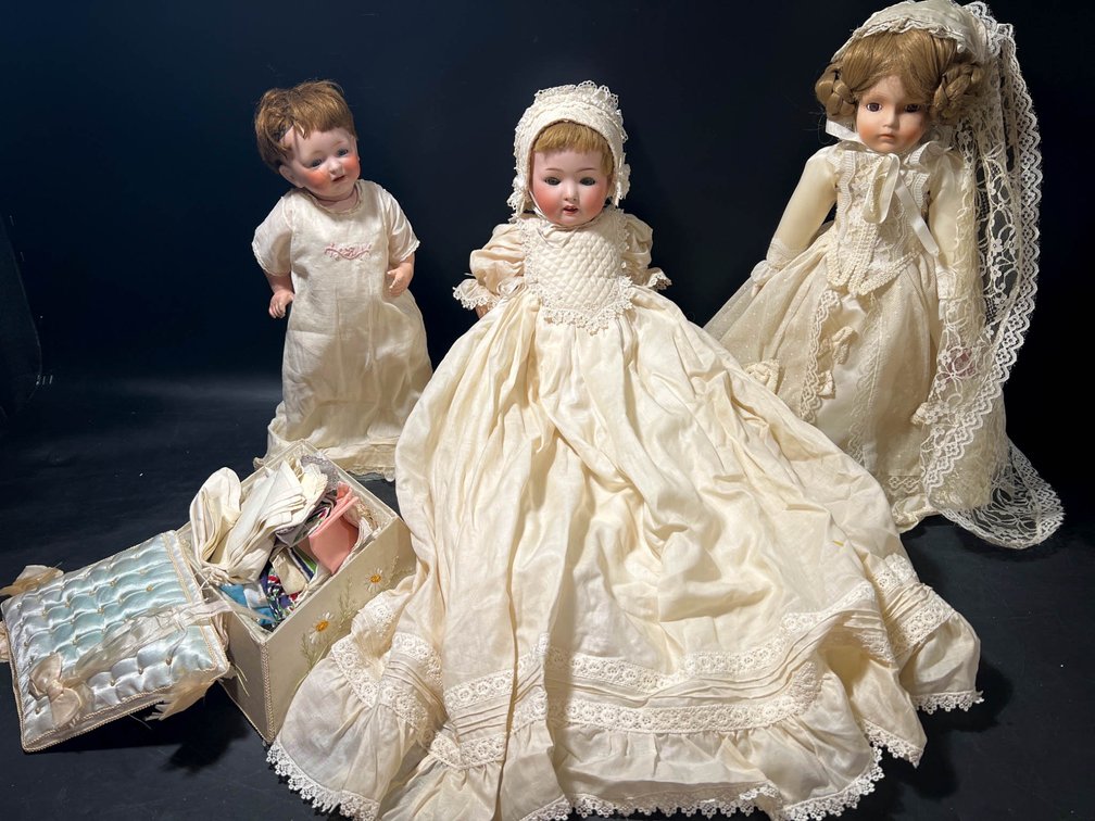 Three Bisque Head Dolls with Accessories