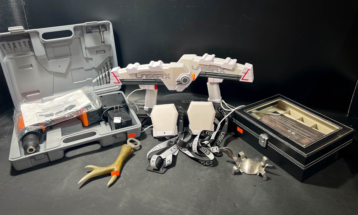 Collection Including Drill Set, Laser Tag Guns, Flag, and Accessories