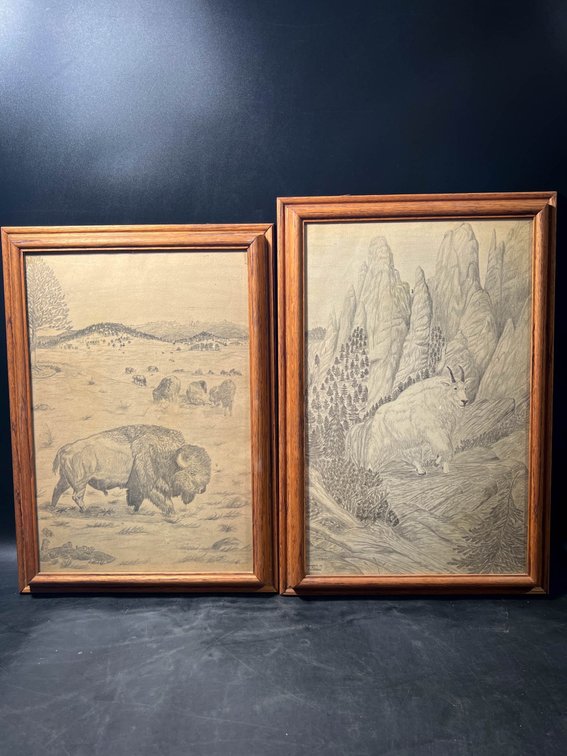 Framed Wildlife Pencil Art: Bison and Mountain Goat