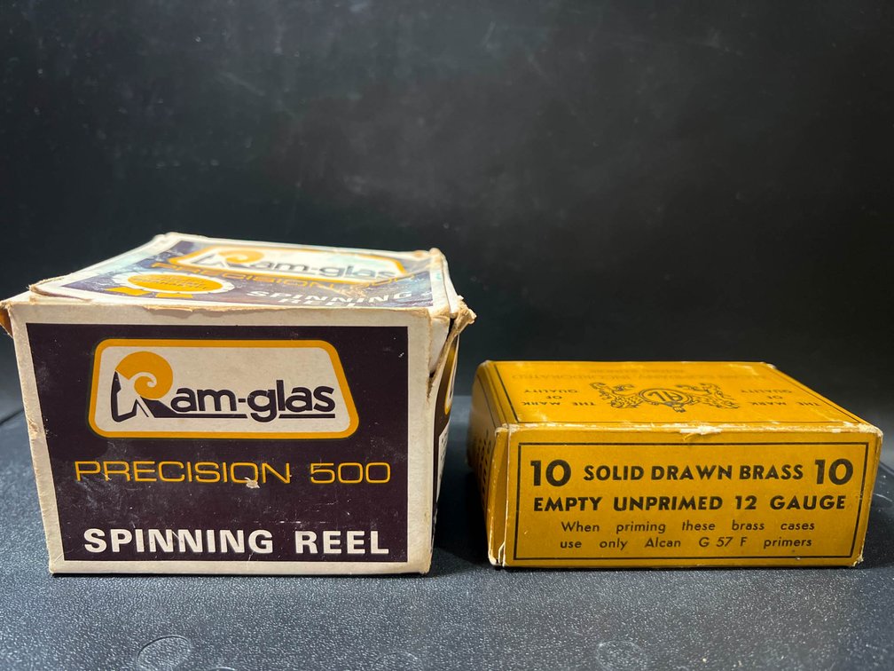 Ram-Glas Precision 500 Spinning Reel Box and Alcan 12 Gauge Brass Cases Box
