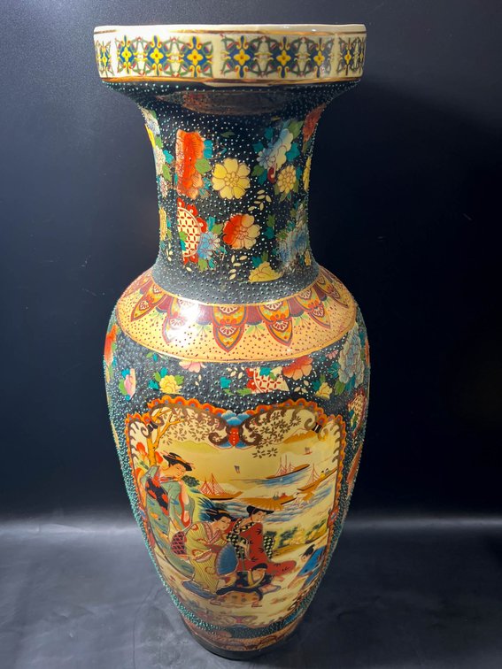 Tall Hand-Painted Ceramic Vase with Asian-Inspired Design