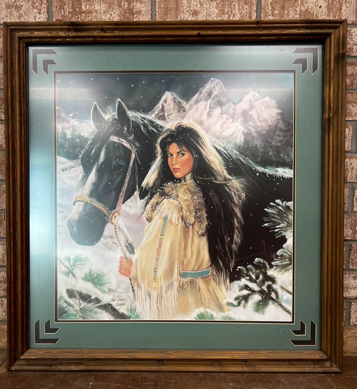 Maija 1993 Signed Artwork of Woman and Horse in Frame, 33×32