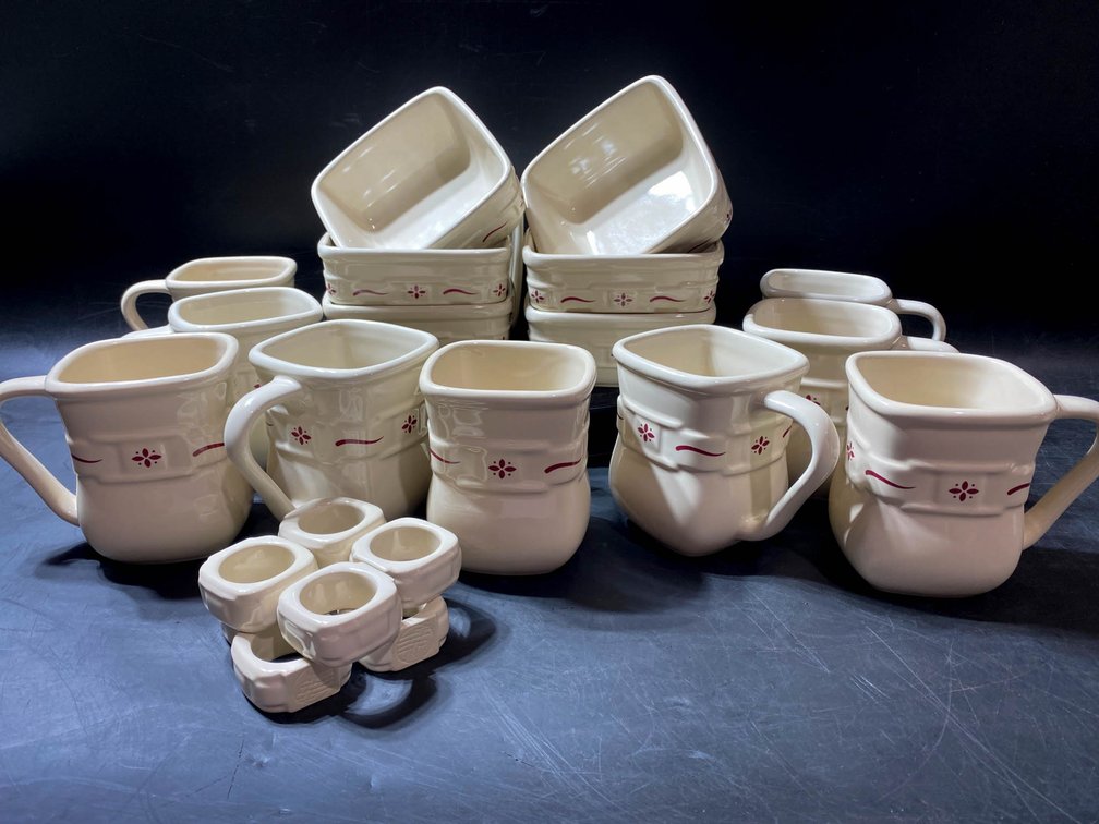 Longaberger Pottery Set with Mugs, Bowls, and Napkin Rings