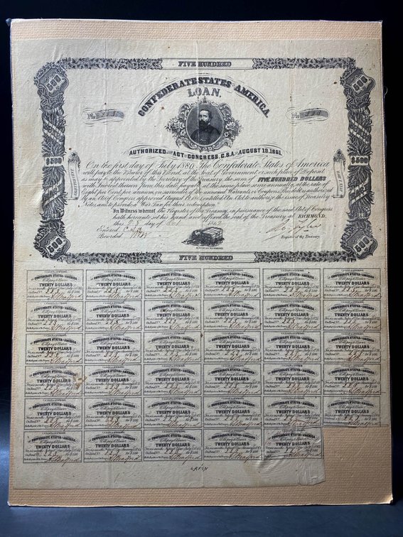 Confederate States of America $500 Bond with Coupons, 1861