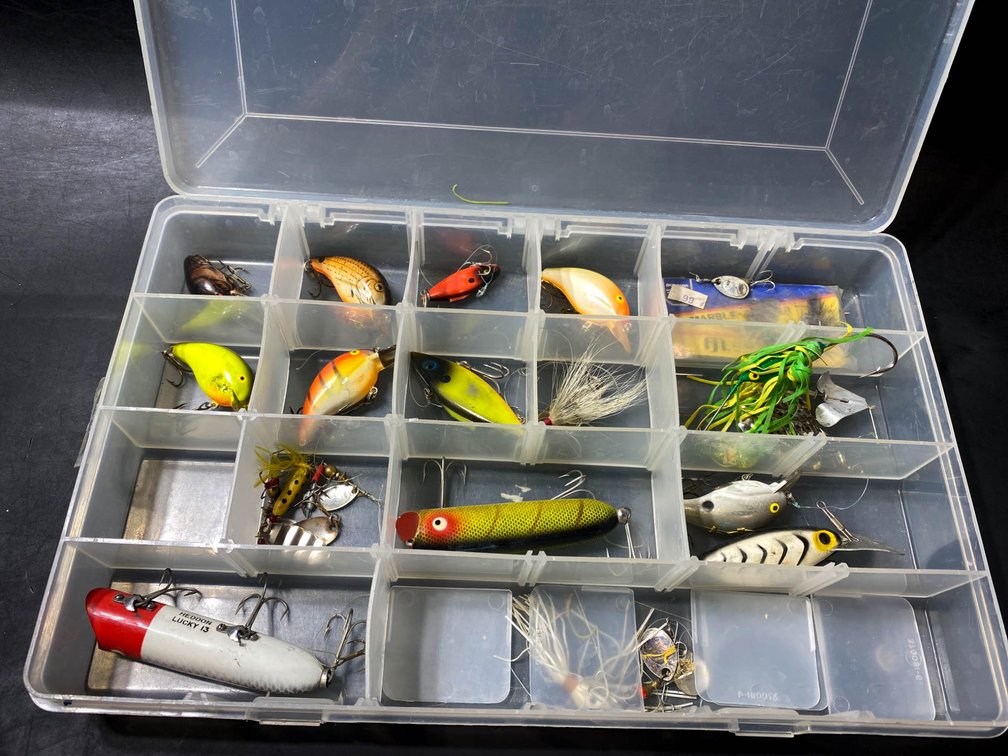 Fishing Lures in Plastic Organizer, Featuring Heddon and Various Designs