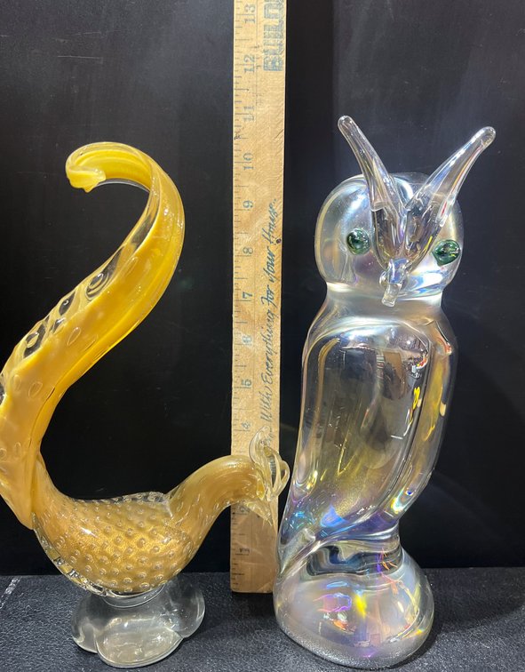 Two Glass Sculptures: Iridescent Owl and Amber-Colored Bird