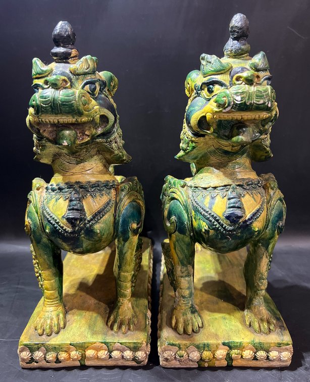 Polychrome Ceramic Foo Lions on Rectangular Bases