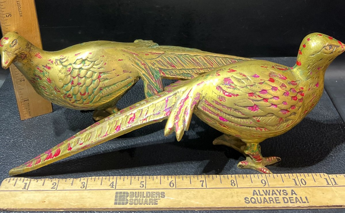 Brass Pheasant Sculptures With Painted Accents