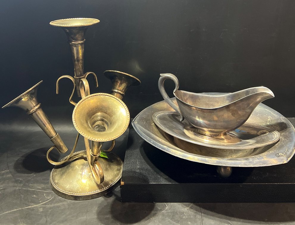 Silver-Plated Gravy Boat, Tray, and Multi-Horn Vase Set