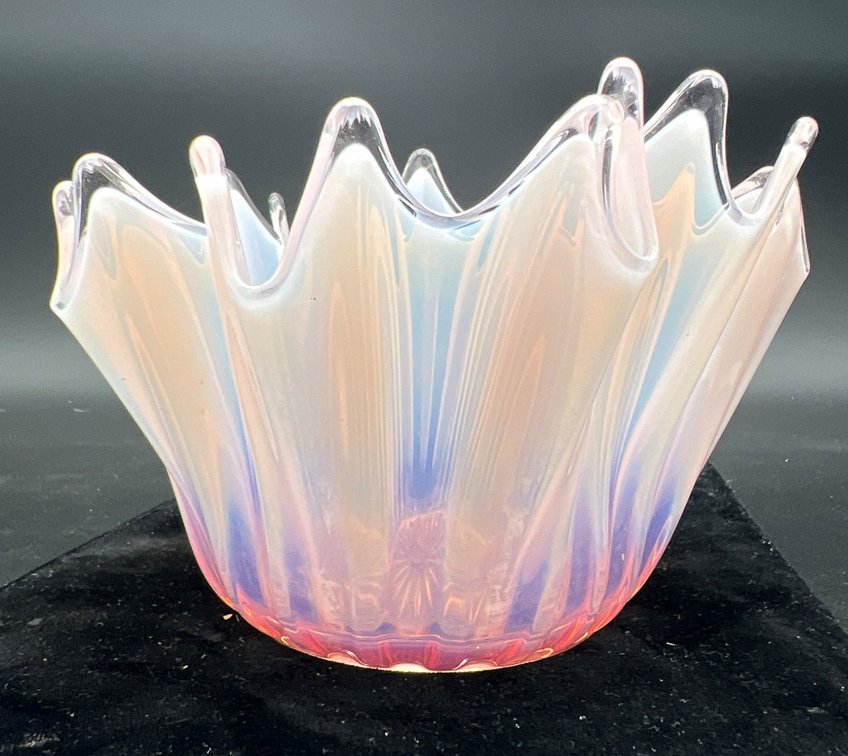 Opalescent Glass Bowl with Ruffled Edge and UV Reactive Glow