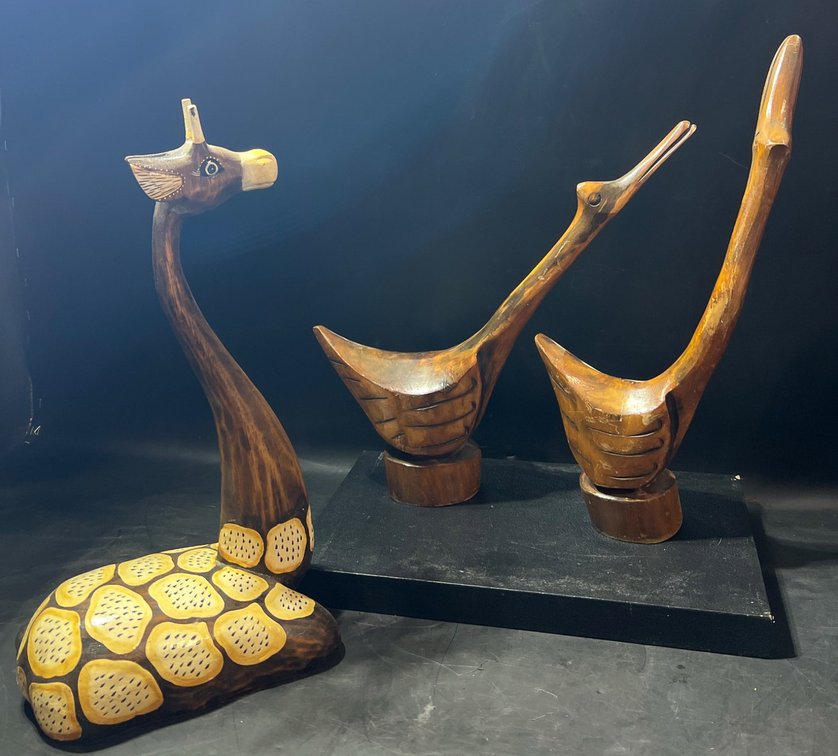 Carved Wooden Giraffe and Duck Sculptures