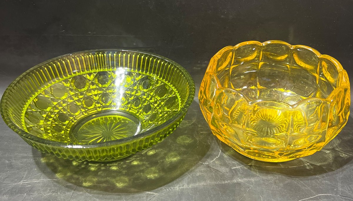 Two Pressed Glass Bowls in Green and Amber