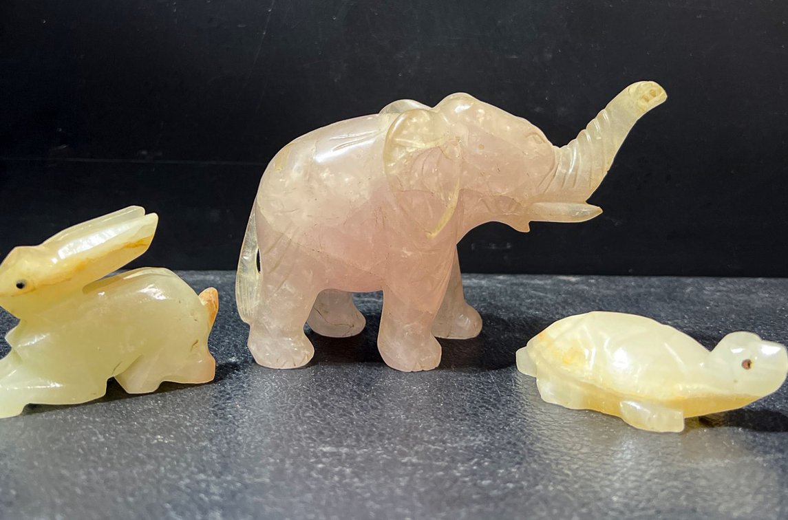 Three Hand-Carved Stone Figurines: Elephant, Rabbit, and Turtle