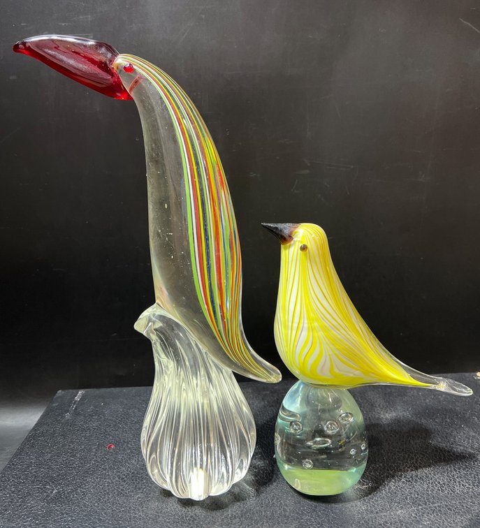 Two Blown Glass Bird Figures in Multicolor Designs