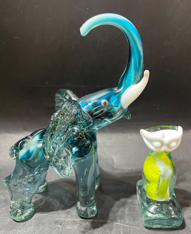 Two Handcrafted Glass Figurines: Elephant and Owl