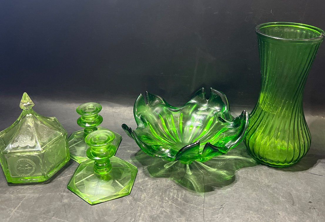 Green Depression Glassware Including Vase, Bowl, Candlesticks, and Lidded Dish