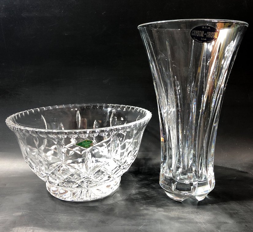 Crystal Vase and Cut Glass Bowl Set with Lead Crystal Marking