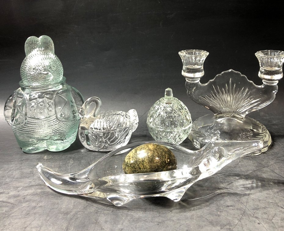 Clear Glass Decorative Items, Including Bunny Jar and Candlestick Holder