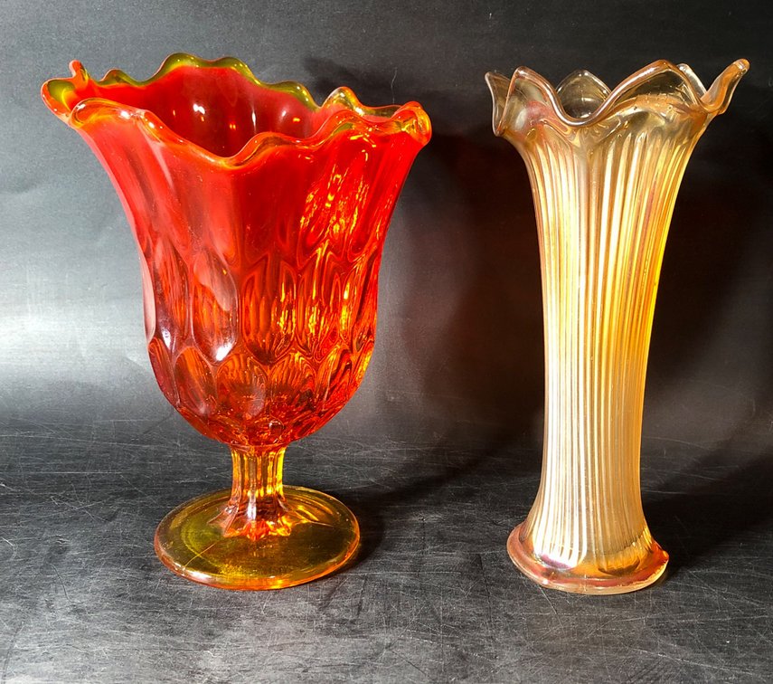 Pressed Glass Vases with Iridescent and Amberina Finishes