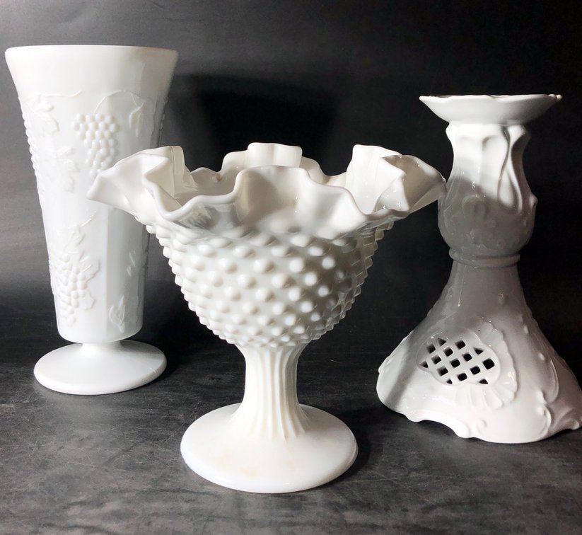 Three White Milk Glass Decorative Pieces Featuring Handled, Hobnail, and Patterned Designs