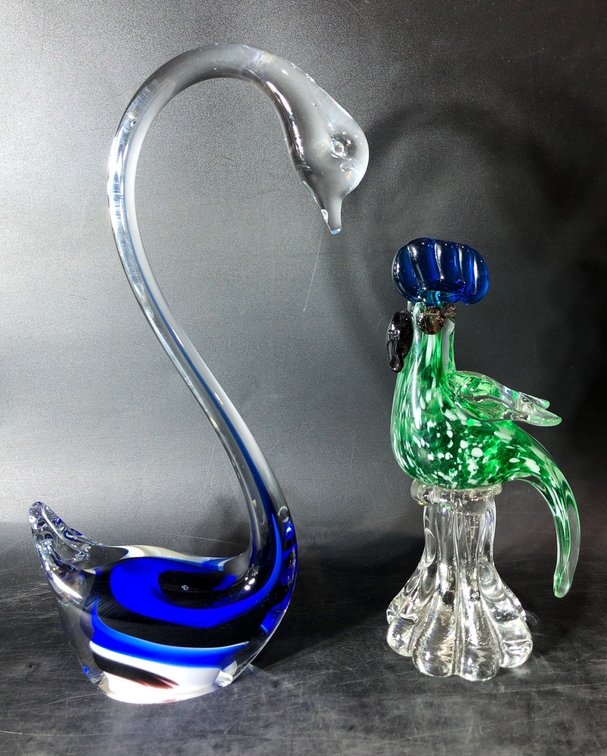Glass Figurines Featuring Blue and Clear Swan and Green Bird