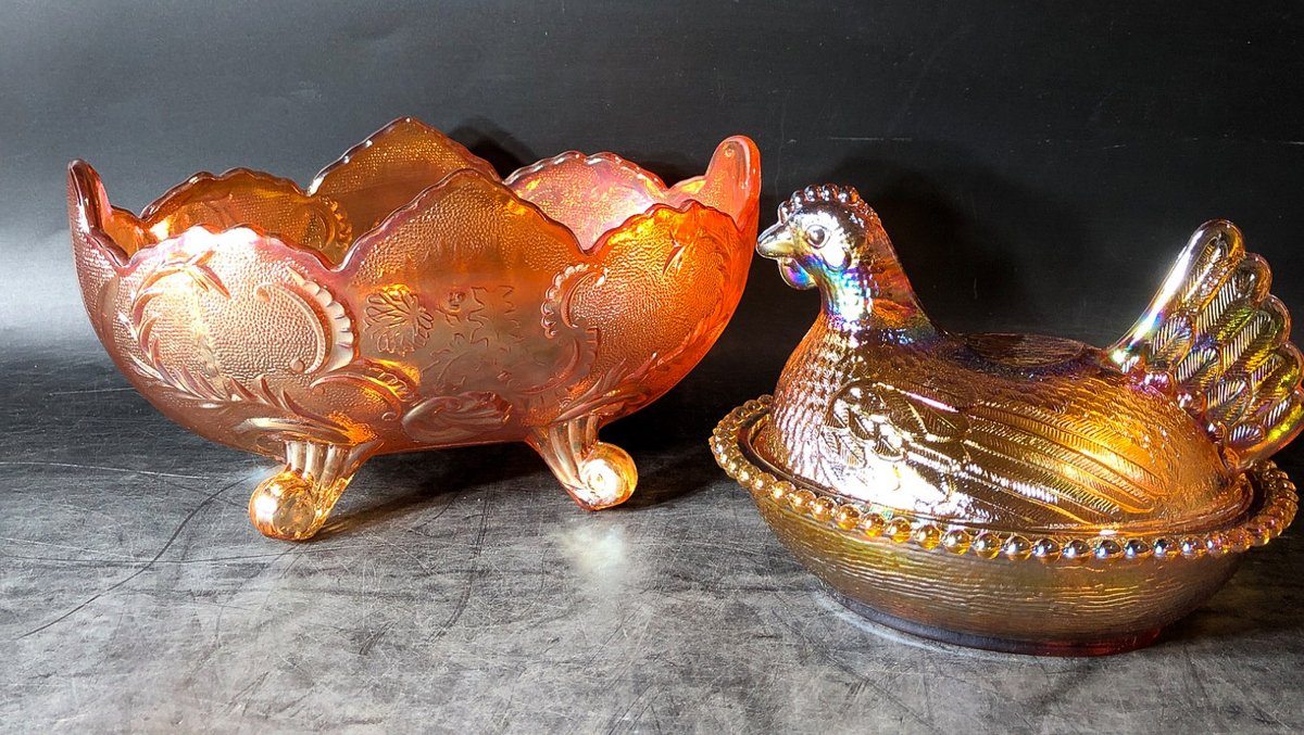 Indiana Glass Hen on Nest and Carnival Glass Bowl With Box
