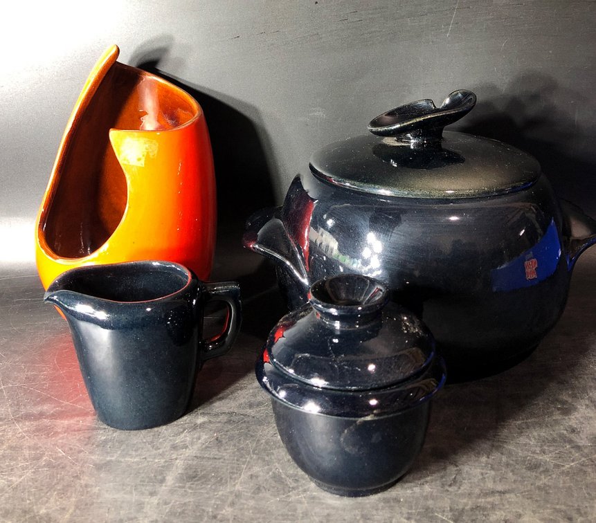 Frankoma Pottery Items: Lidded Casserole, Creamer, Lidded Jar, and Orange Vase