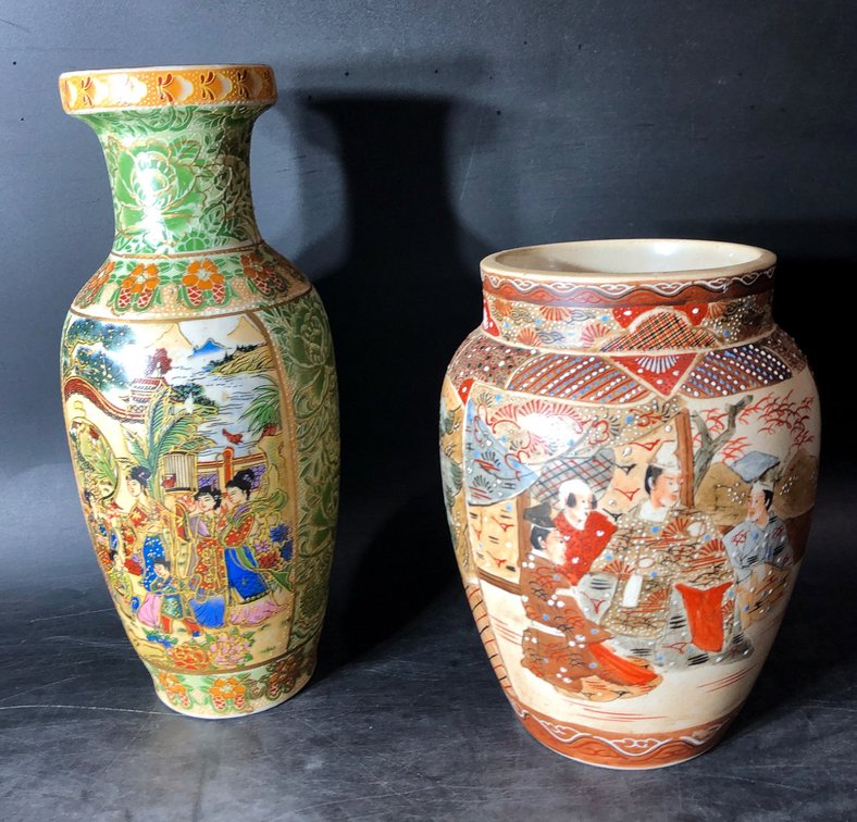 Hand-Painted Japanese Ceramic Vases with Traditional Scenes