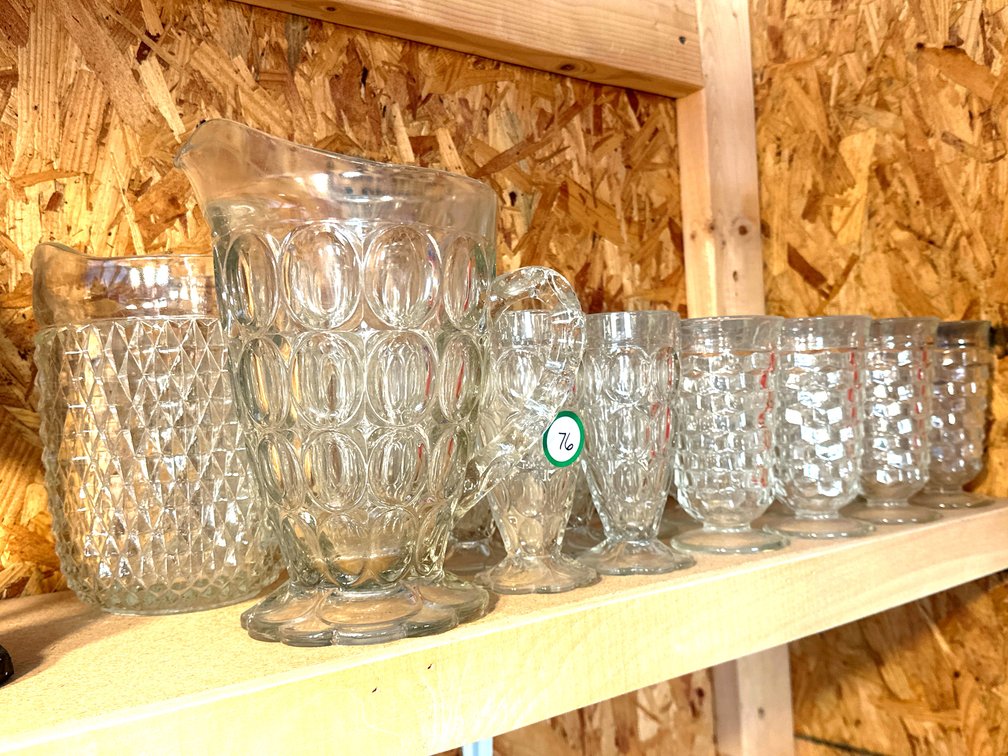 2- Matching Pitchers 17 Clear Glass Pedestal Cups with Mixed Patterns