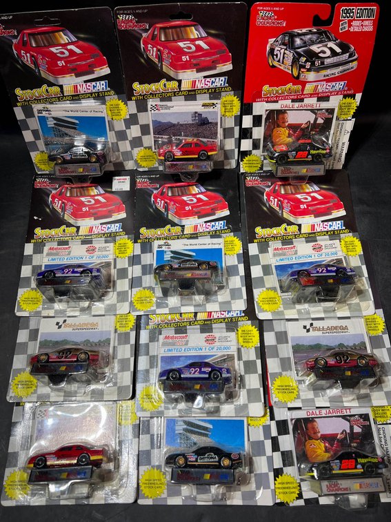 12 Die-Cast NASCAR Cars with Collector Cards and Display Stands