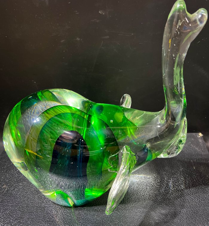 Green and Clear Art Glass Elephant Figurine, Approx. 10×9