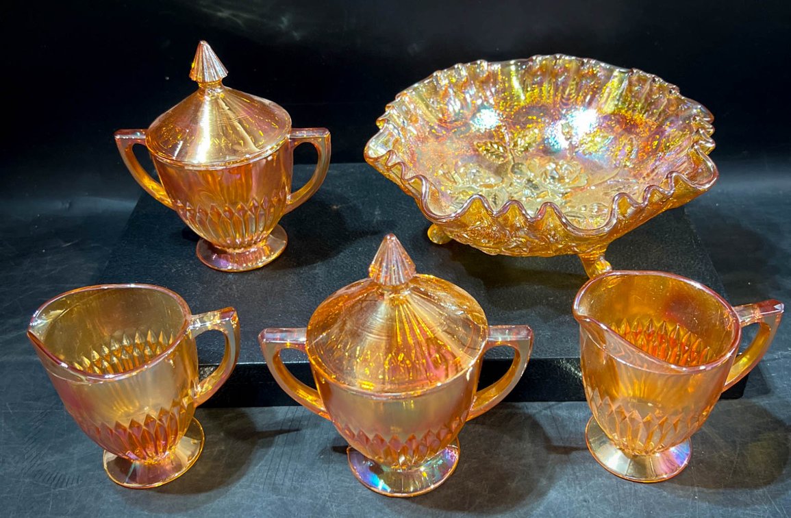 Carnival Glass Serving Set With Bowl, Creamers, and Lidded Sugars