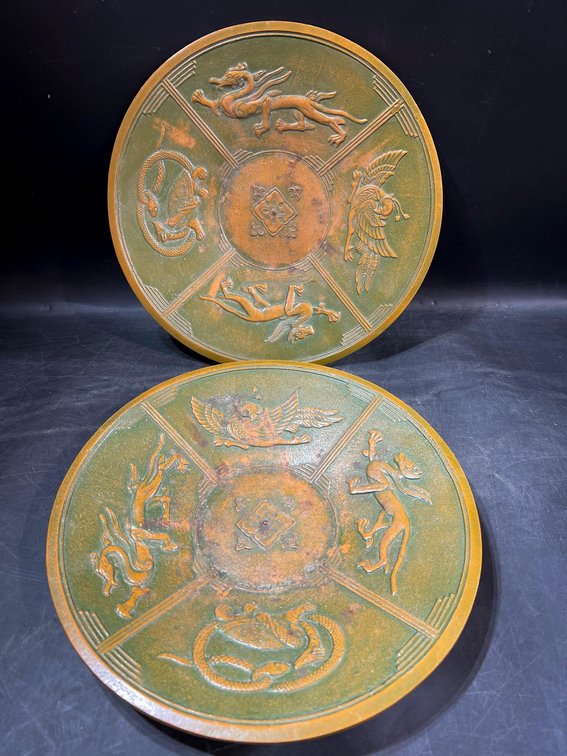 12×12 Embossed Round Decorative Metal Plates Featuring Mythical Designs