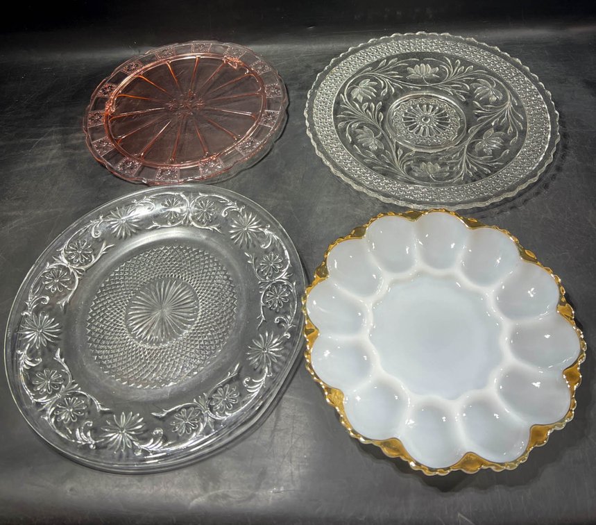 Four Decorative Glass and Milk Glass Plates with Gilded Accents