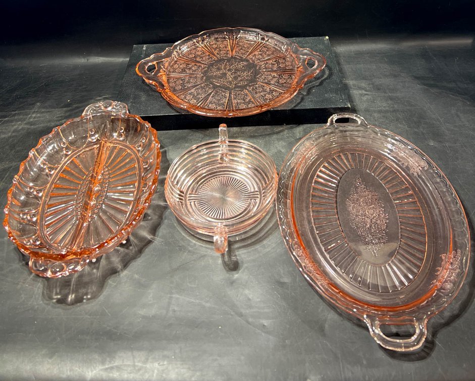 Four Pink Depression Glass Serving Dishes with Divided Compartments and Handles