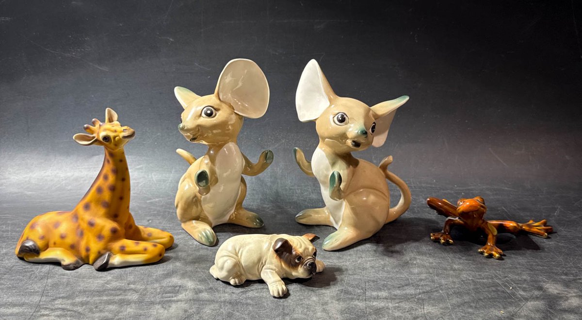 Ceramic Animal Figurines Including Mice, Giraffe, Bulldog, and Frog