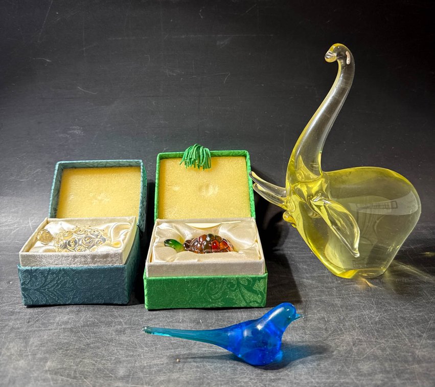 Glass Figurines Including Elephant, Fish, Turtles with Gift Boxes