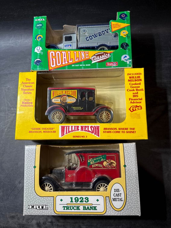 Three Die-Cast Metal Banks: Goal Line Classics, Willie Nelson, and 1923 Truck Bank