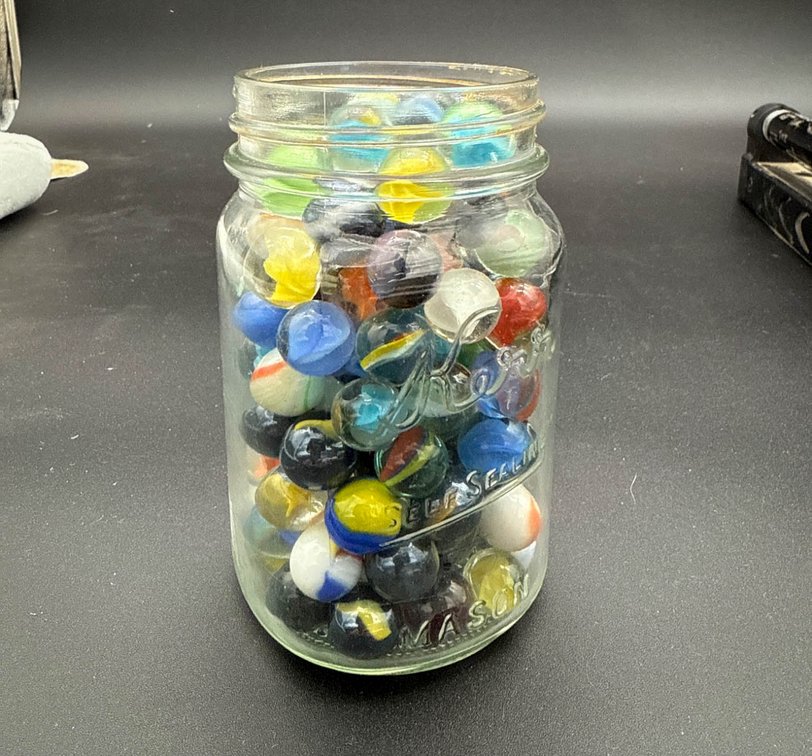 Jar of Mixed Glass Marbles in Mason Jar with a Few UV-Responsive Elements