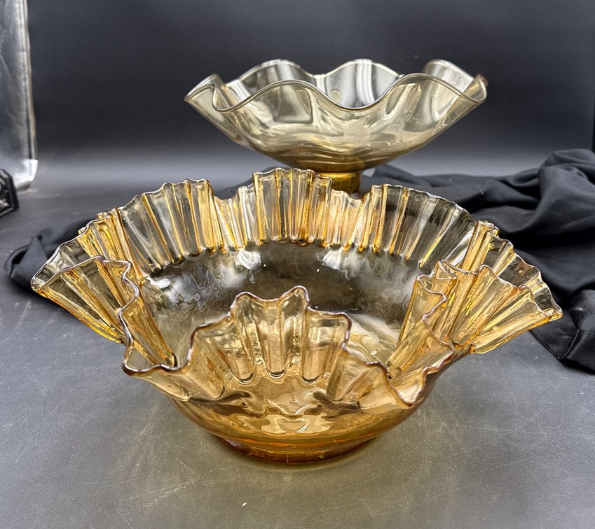 Amber and Smoke-Colored Glass Bowls with Ruffled Edges