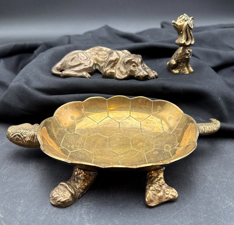 Brass Turtle Bowl and Two Cast Metal Dog Figurines