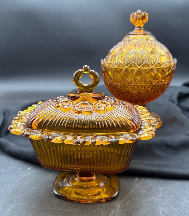 Amber-Colored Pressed Glass Lidded Candy Dishes with Pedestals