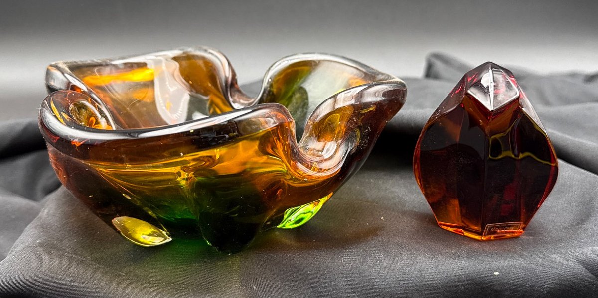 Murano-Style Glass Bowl and Saint-Louis France Red Crystal Faceted Ornament